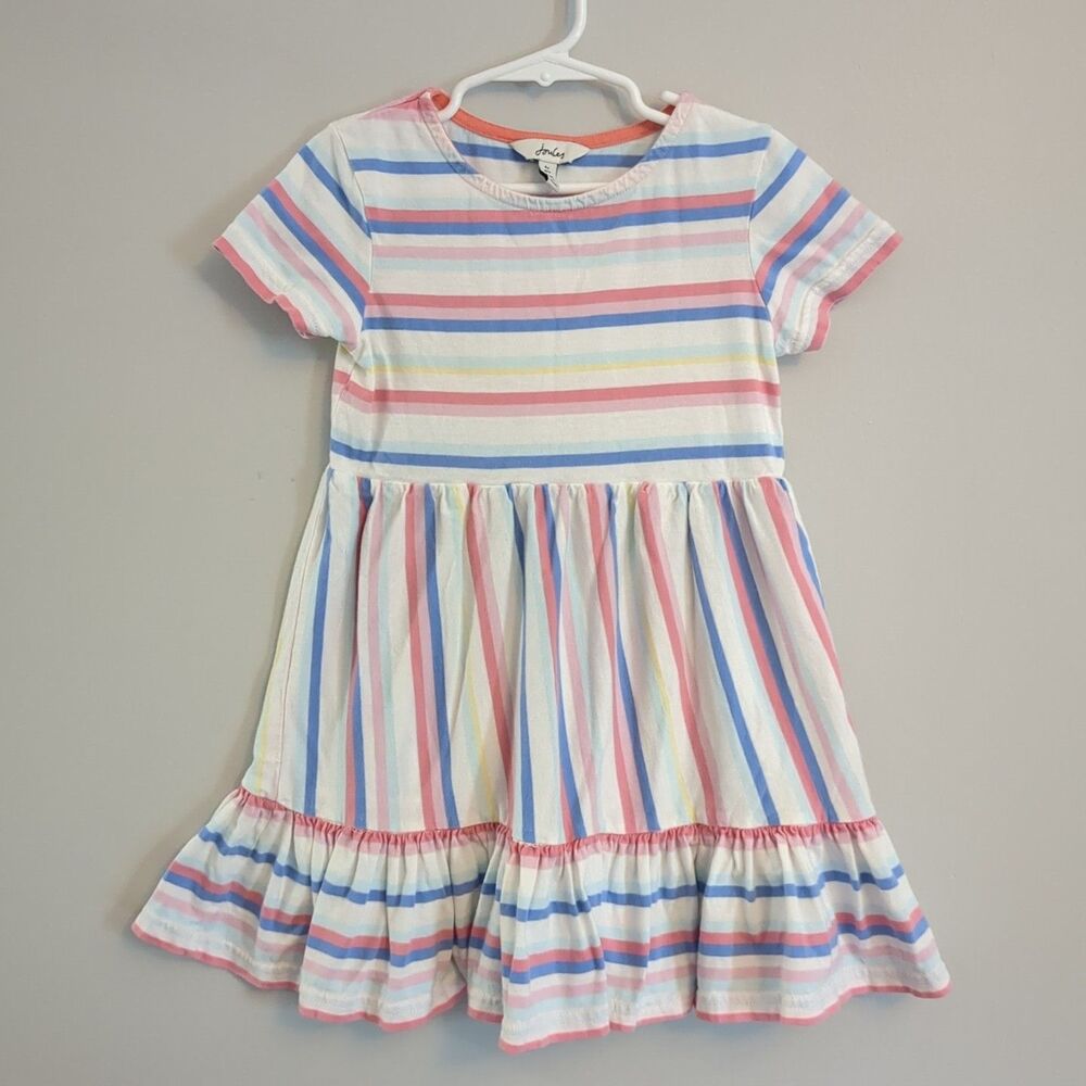 Joules White Pink Blue Yellow Striped Short Sleeve Cotton Dress Size 4